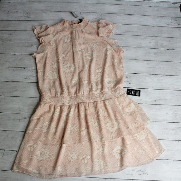 Express Women's Drop Waist Sheer Dress Size L Flutter Sleeve Pink Cream - Picture 1 of 6